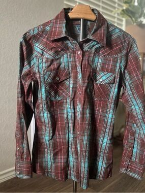 Cowgirl Hardware Western Pearl Snap Shirt Rhinestone Cross Plaid Rodeo Women’s S